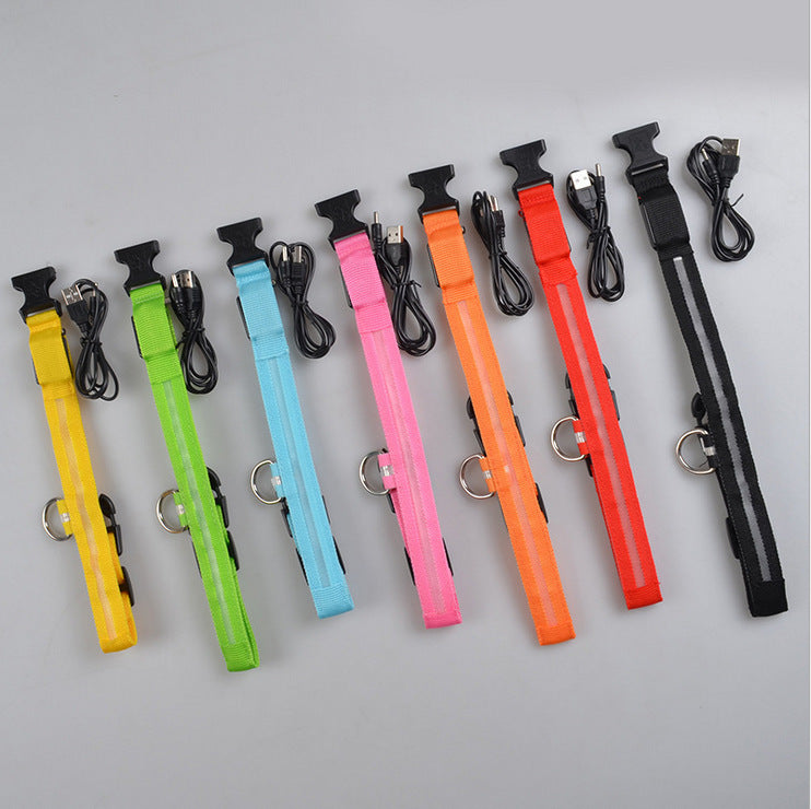 LED Dog Safety Collar – USB Rechargeable or Battery-Powered Glowing Nylon Collar with 4 Light Modes (7 Colors, XS–XL)