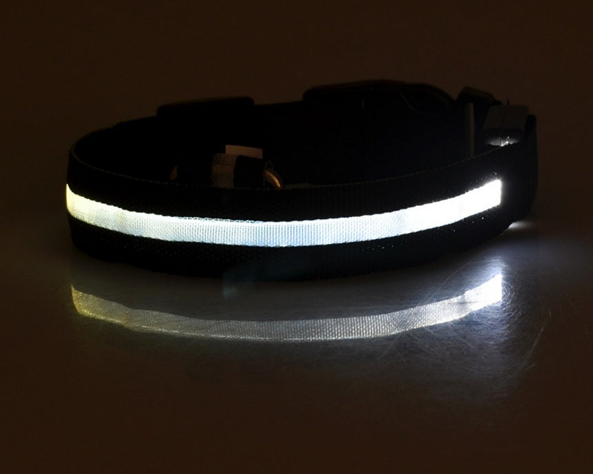 LED Dog Safety Collar – USB Rechargeable or Battery-Powered Glowing Nylon Collar with 4 Light Modes (7 Colors, XS–XL)