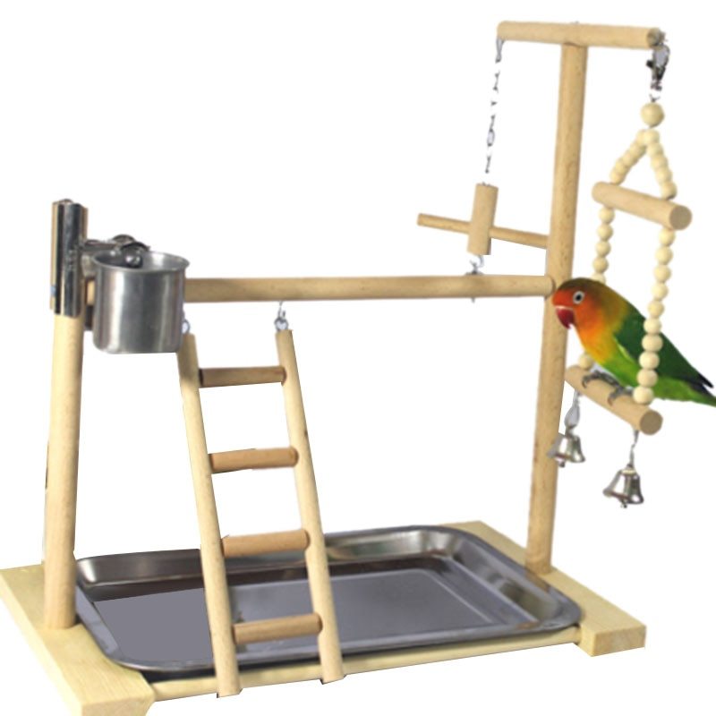 Wooden Bird Playground Stand – Parrot Training Toy Rack with Ladder, Tray & Feeding Cups (53×23×36cm)