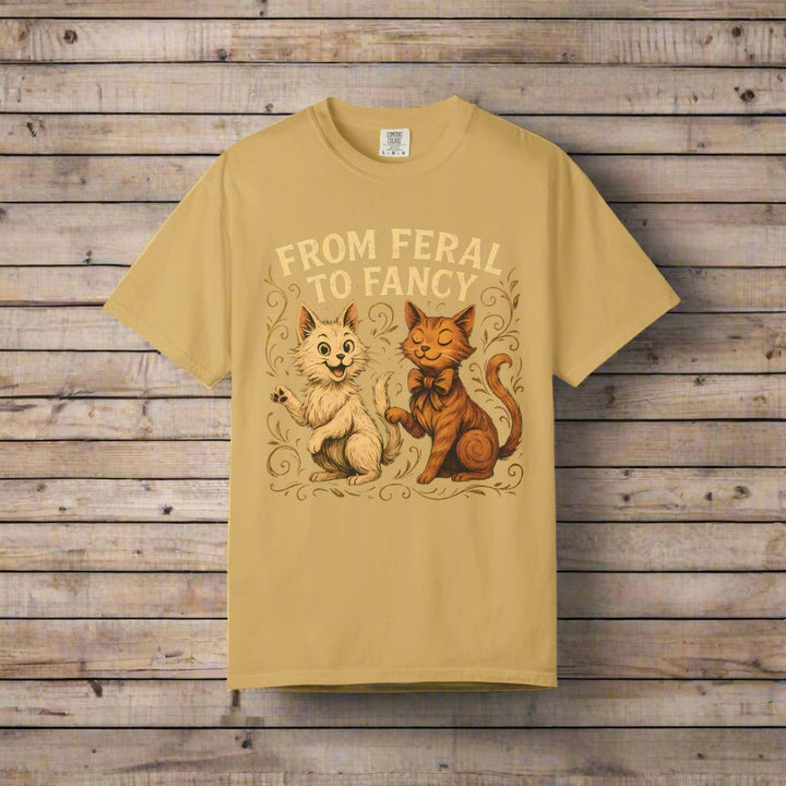 Feral to Fancy Cat Shirt – Funny Rescue Cat T-Shirt, Whimsical Pet Lover Gift, Oversized Fit, Cute Cat Mom Tee, Vintage Comfort Colors
