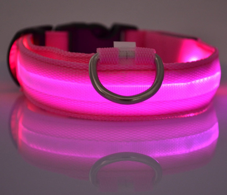 LED Dog Safety Collar – USB Rechargeable or Battery-Powered Glowing Nylon Collar with 4 Light Modes (7 Colors, XS–XL)