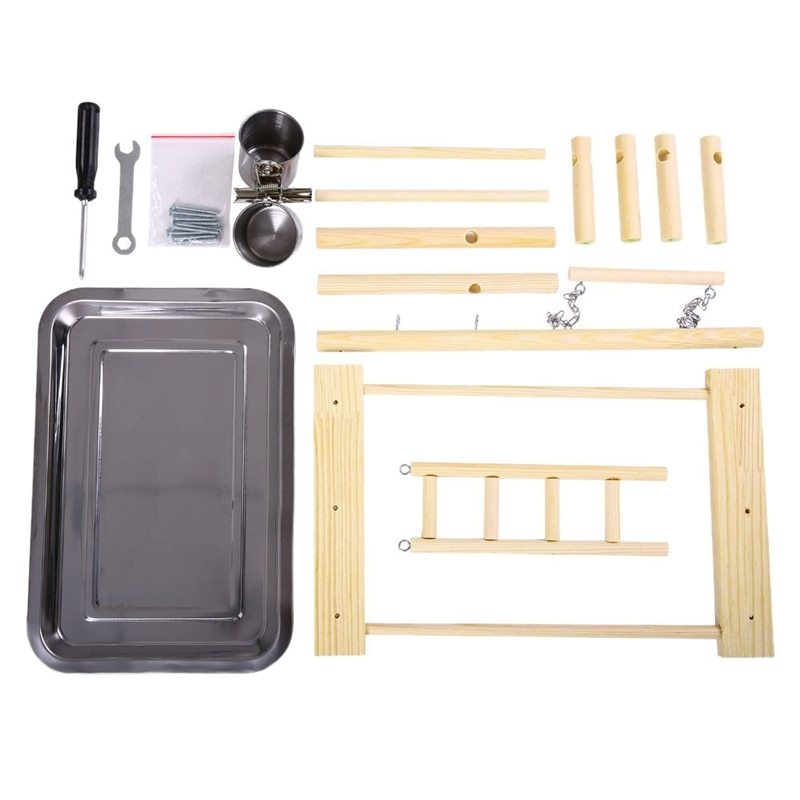 Wooden Bird Playground Stand – Parrot Training Toy Rack with Ladder, Tray & Feeding Cups (53×23×36cm)