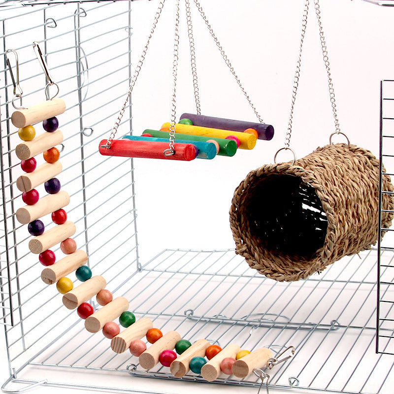 Small Animal Toy – Wooden Swing, Climbing Ladder & Cotton Grass Nest for Rats, Parrots, Hamsters & Small Pets