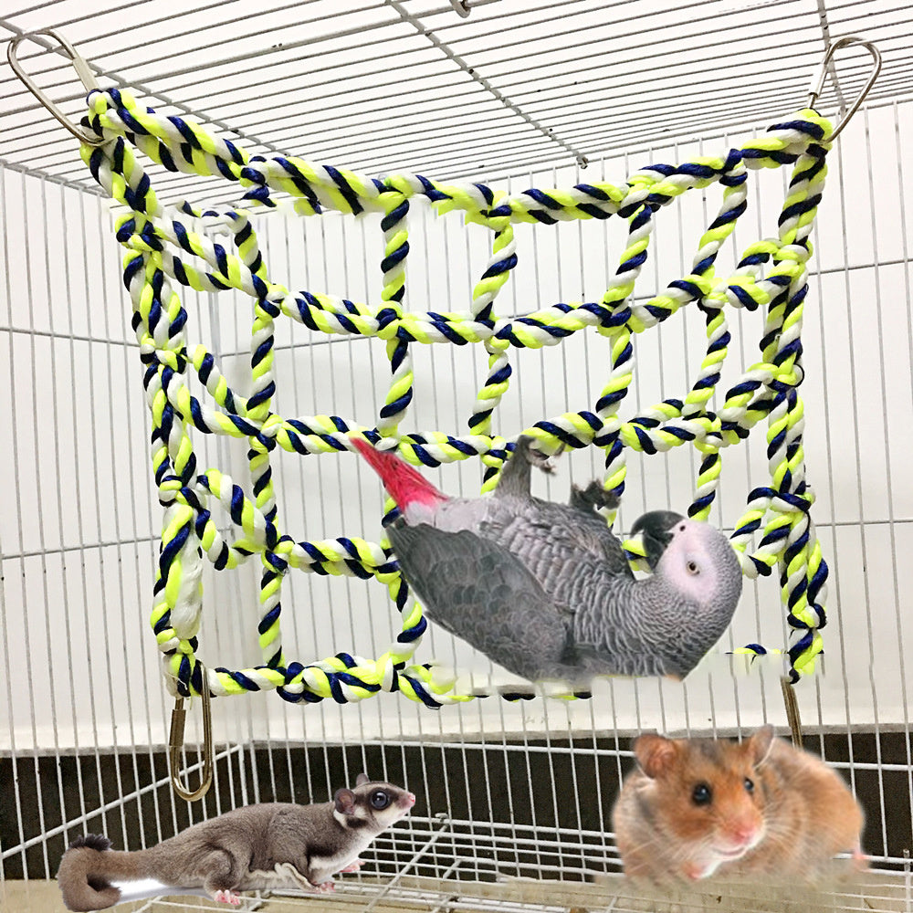 Colorful Woven Climbing Net for Parrots & Small Pets – Dual-Use Hammock and Activity Toy for Hamsters, Squirrels, and Sugar Gliders (7.9" × 11")