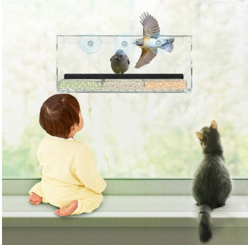 Transparent Acrylic Bird Feeder Box – Medium Size (30×10×14cm)