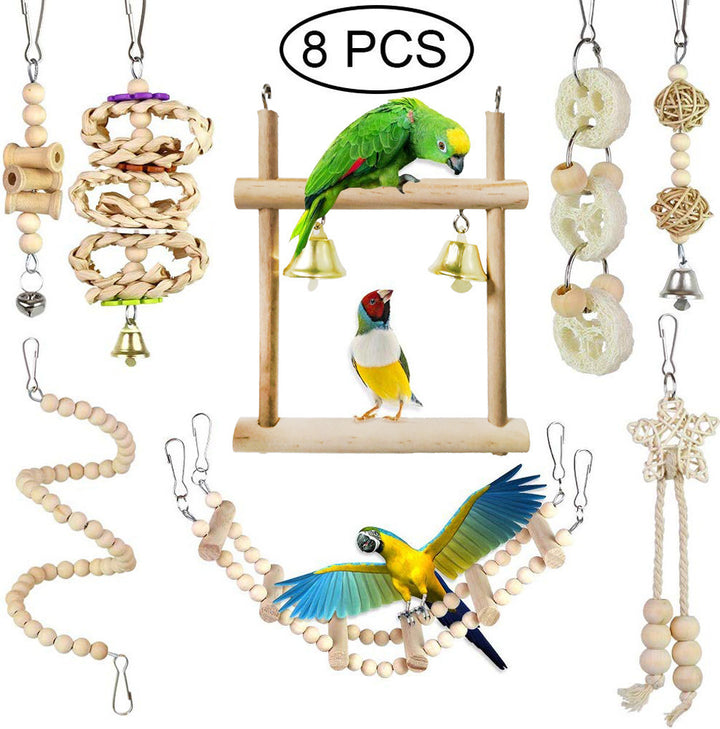 8-Piece Wooden Parrot Toy Set – Chew, Climb & Play Accessories for Cages