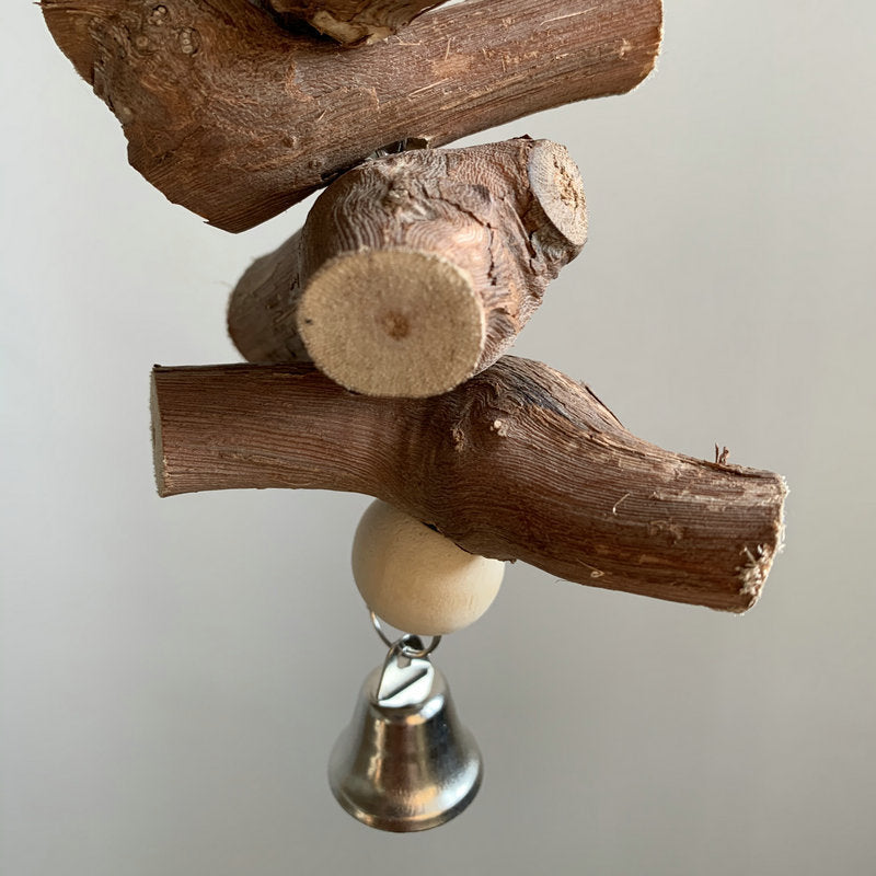 Natural Wood Bird Toy with Bell – Hanging Chew Toy for Parrots, Parakeets & Small Birds