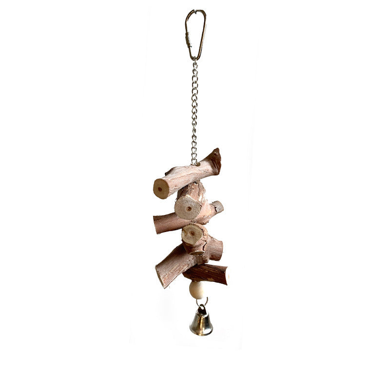 Natural Wood Bird Toy with Bell – Hanging Chew Toy for Parrots, Parakeets & Small Birds