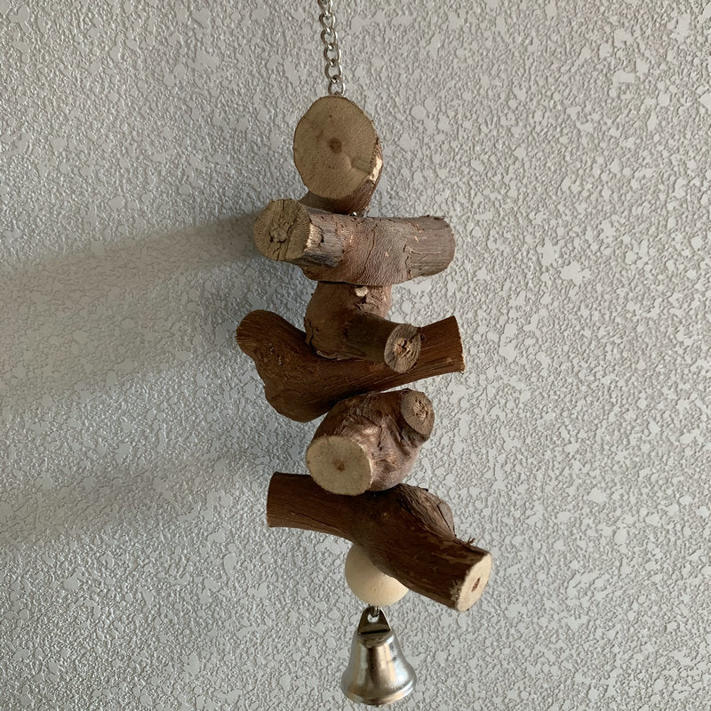 Natural Wood Bird Toy with Bell – Hanging Chew Toy for Parrots, Parakeets & Small Birds