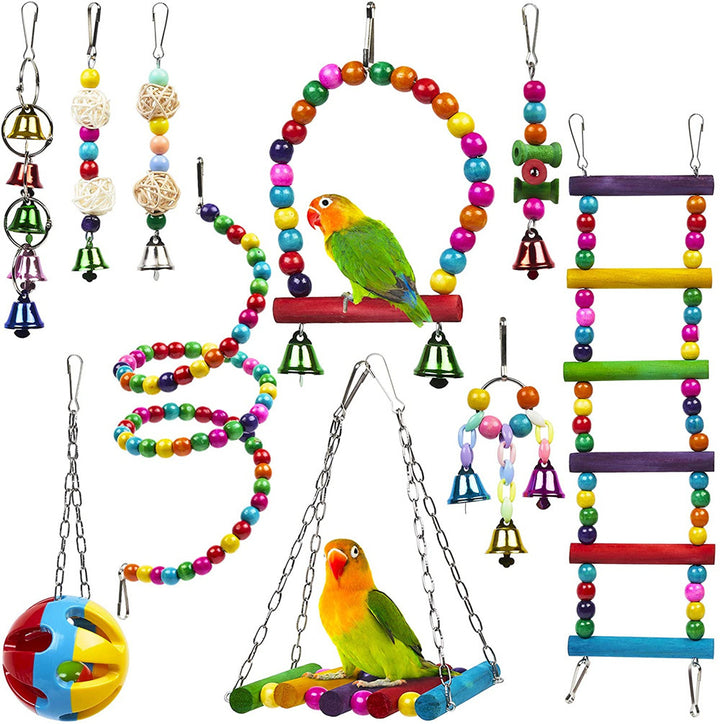 10-Piece Parrot Toy Set – Wooden Bead Ladder, Swing, Chew Toys & Sepak Takraw Balls