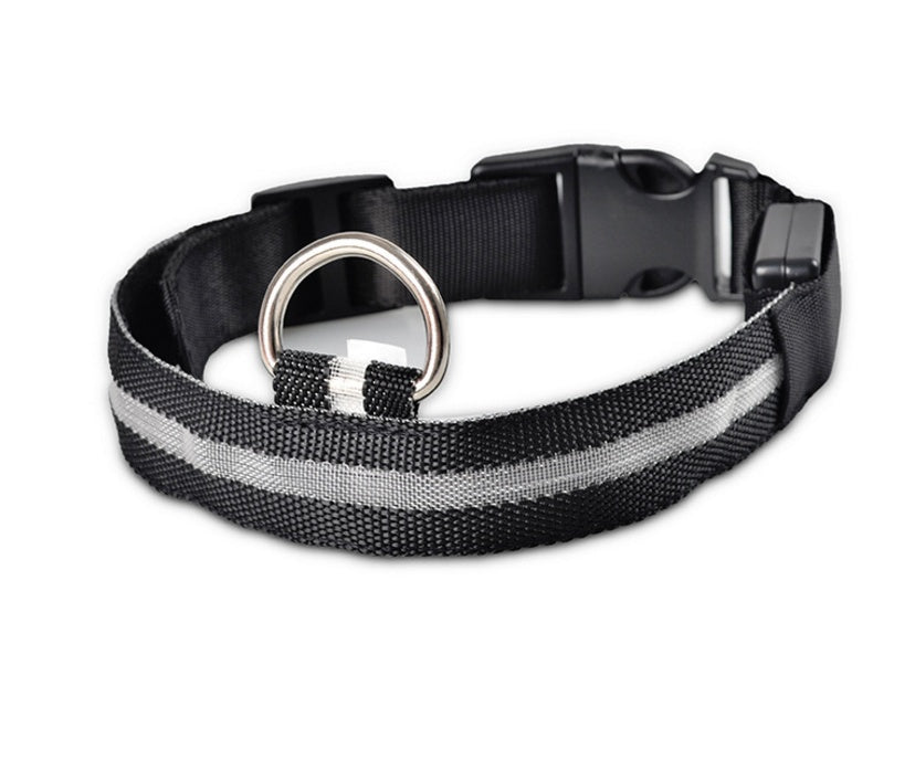 LED Dog Safety Collar – USB Rechargeable or Battery-Powered Glowing Nylon Collar with 4 Light Modes (7 Colors, XS–XL)