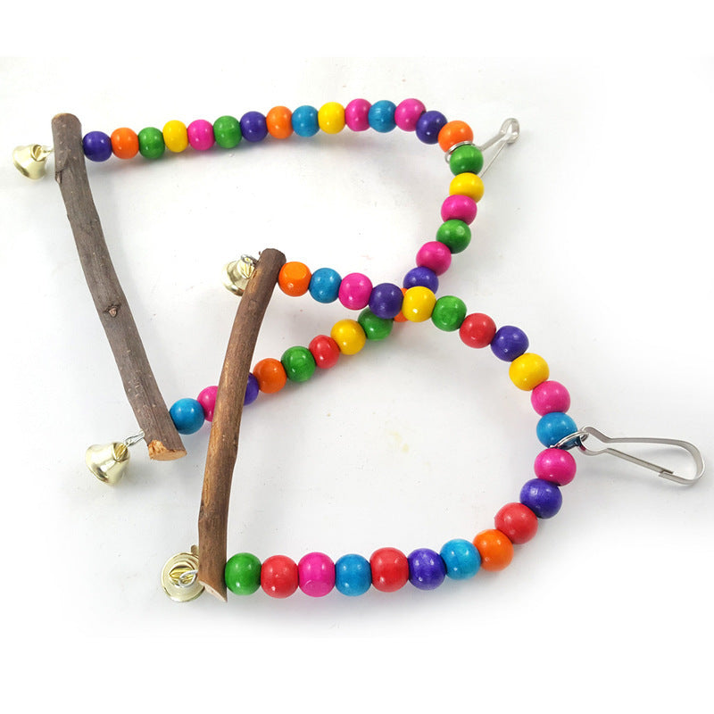 Colorful Wooden Bird Swing with Bells – Hanging Cage Toy with Beads for Parrots, Parakeets, Cockatiels, and Small Birds