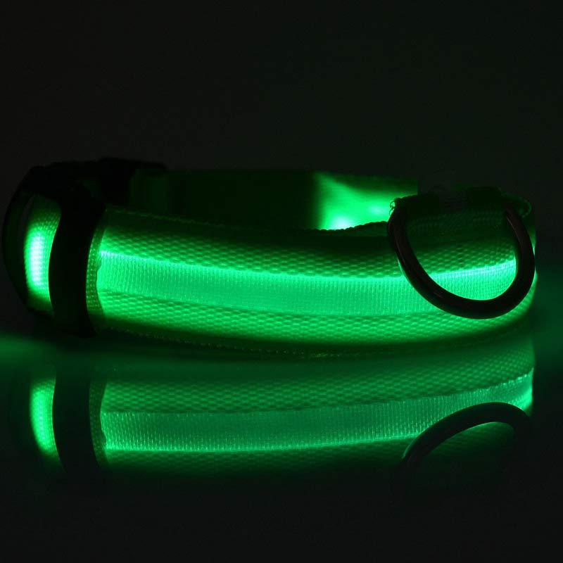 LED Dog Safety Collar – USB Rechargeable or Battery-Powered Glowing Nylon Collar with 4 Light Modes (7 Colors, XS–XL)