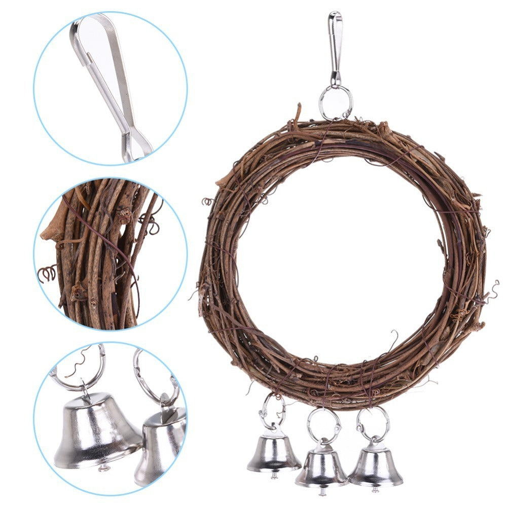 Natural Rattan Parrot Swing – Hanging Bird Cage Swing Toy with Hooks (26×16cm)