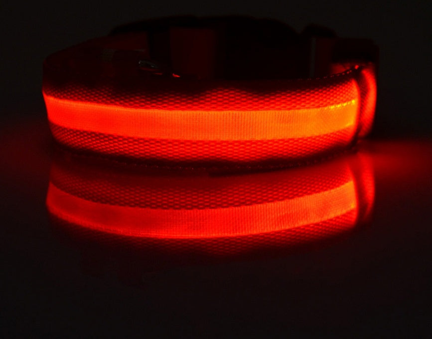 LED Dog Safety Collar – USB Rechargeable or Battery-Powered Glowing Nylon Collar with 4 Light Modes (7 Colors, XS–XL)