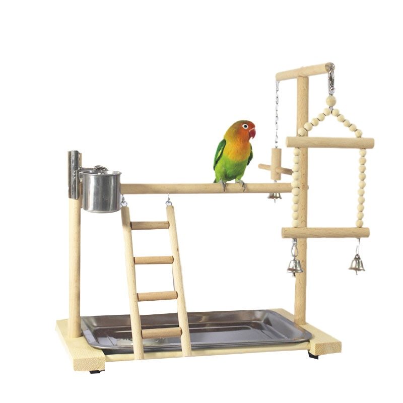 Wooden Bird Playground Stand – Parrot Training Toy Rack with Ladder, Tray & Feeding Cups (53×23×36cm)