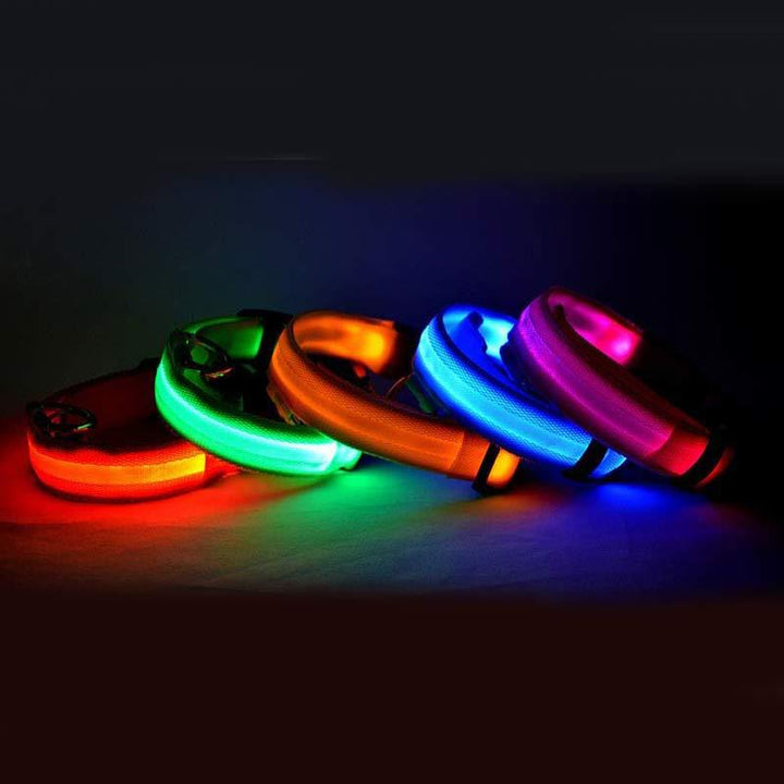 LED Dog Safety Collar – USB Rechargeable or Battery-Powered Glowing Nylon Collar with 4 Light Modes (7 Colors, XS–XL)
