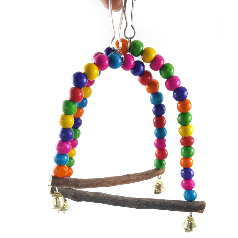 Colorful Wooden Bird Swing with Bells – Hanging Cage Toy with Beads for Parrots, Parakeets, Cockatiels, and Small Birds