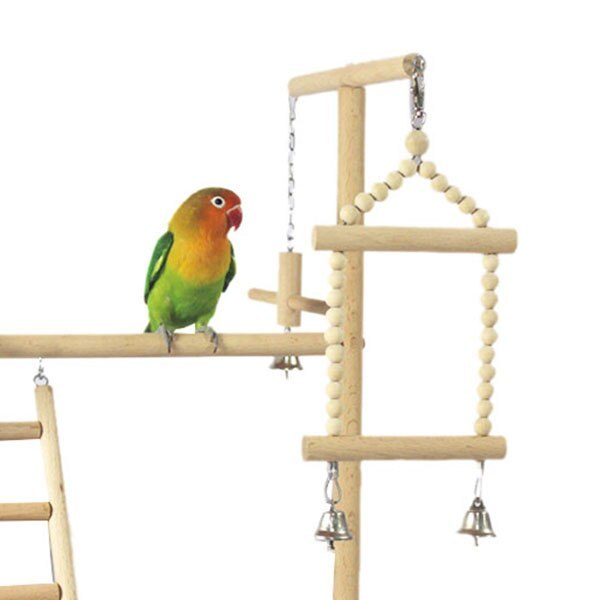 Wooden Bird Playground Stand – Parrot Training Toy Rack with Ladder, Tray & Feeding Cups (53×23×36cm)
