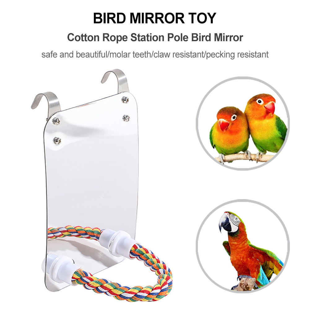 Parrot Mirror Toy with Standing Pole – Acrylic Mirror & Cotton Rope Perch for Birds