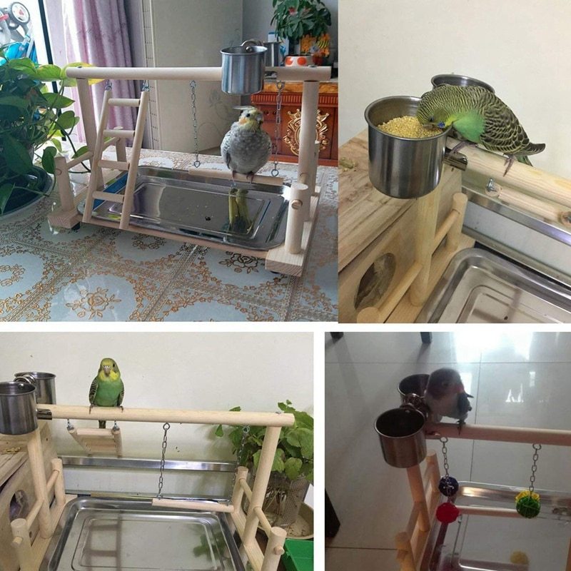 Wooden Bird Playground Stand – Parrot Training Toy Rack with Ladder, Tray & Feeding Cups (53×23×36cm)