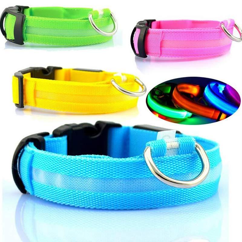 LED Dog Safety Collar – USB Rechargeable or Battery-Powered Glowing Nylon Collar with 4 Light Modes (7 Colors, XS–XL)