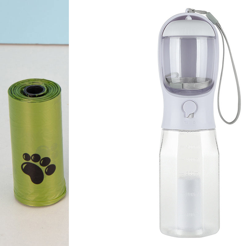 Portable Dog Water Bottle with Waste Bag Dispnser – 600ml Leakproof Pet Travel Feeder with Lanyard