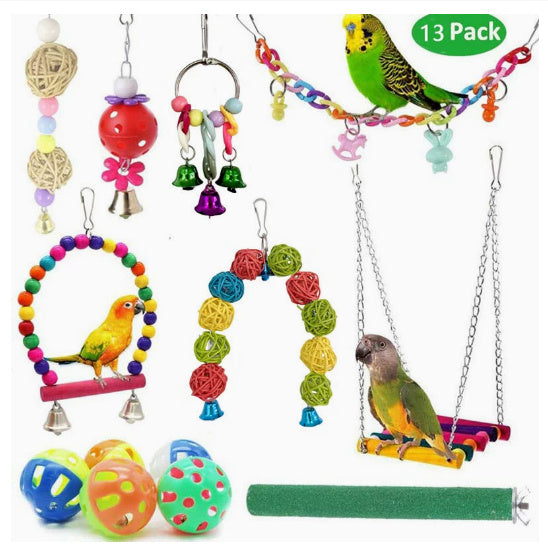10-Piece Parrot Toy Set – Wooden Bead Ladder, Swing, Chew Toys & Sepak Takraw Balls