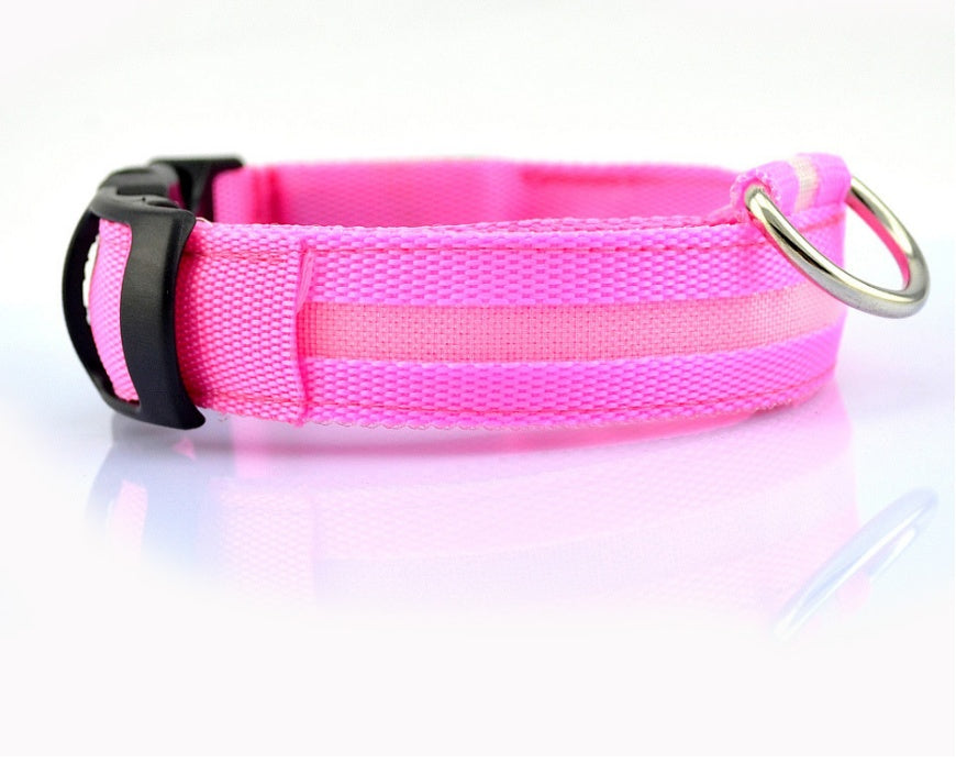 LED Dog Safety Collar – USB Rechargeable or Battery-Powered Glowing Nylon Collar with 4 Light Modes (7 Colors, XS–XL)