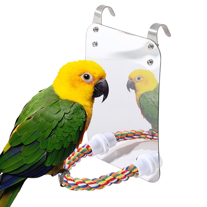 Parrot Mirror Toy with Standing Pole – Acrylic Mirror & Cotton Rope Perch for Birds