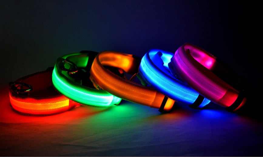 LED Dog Safety Collar – USB Rechargeable or Battery-Powered Glowing Nylon Collar with 4 Light Modes (7 Colors, XS–XL)