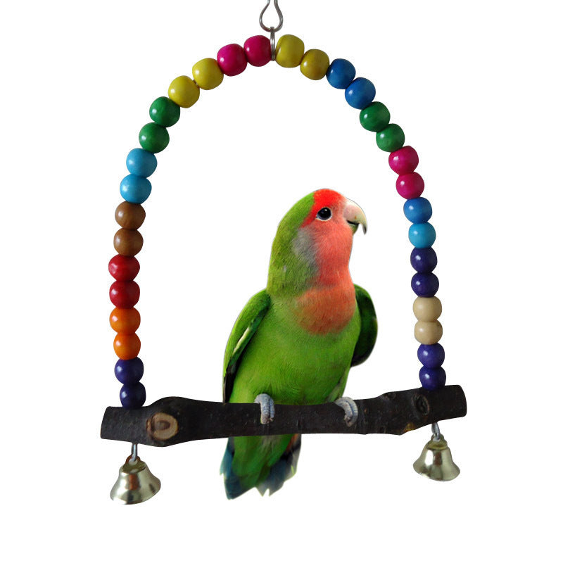 Colorful Wooden Bird Swing with Bells – Hanging Cage Toy with Beads for Parrots, Parakeets, Cockatiels, and Small Birds