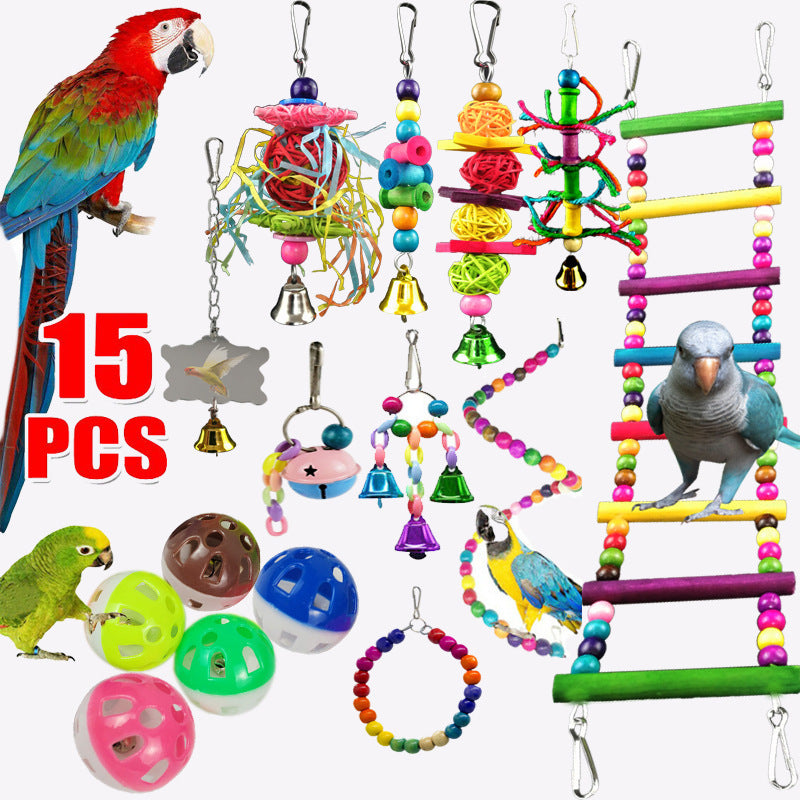 10-Piece Parrot Toy Set – Wooden Bead Ladder, Swing, Chew Toys & Sepak Takraw Balls