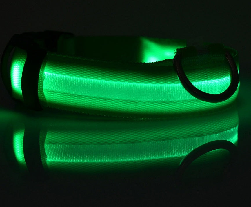 LED Dog Safety Collar – USB Rechargeable or Battery-Powered Glowing Nylon Collar with 4 Light Modes (7 Colors, XS–XL)