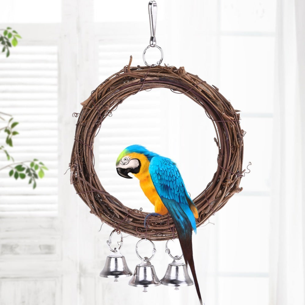 Natural Rattan Parrot Swing – Hanging Bird Cage Swing Toy with Hooks (26×16cm)
