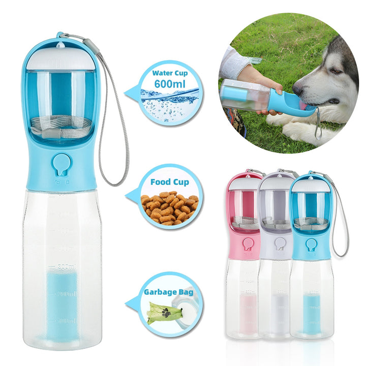 Portable Dog Water Bottle with Waste Bag Dispnser – 600ml Leakproof Pet Travel Feeder with Lanyard