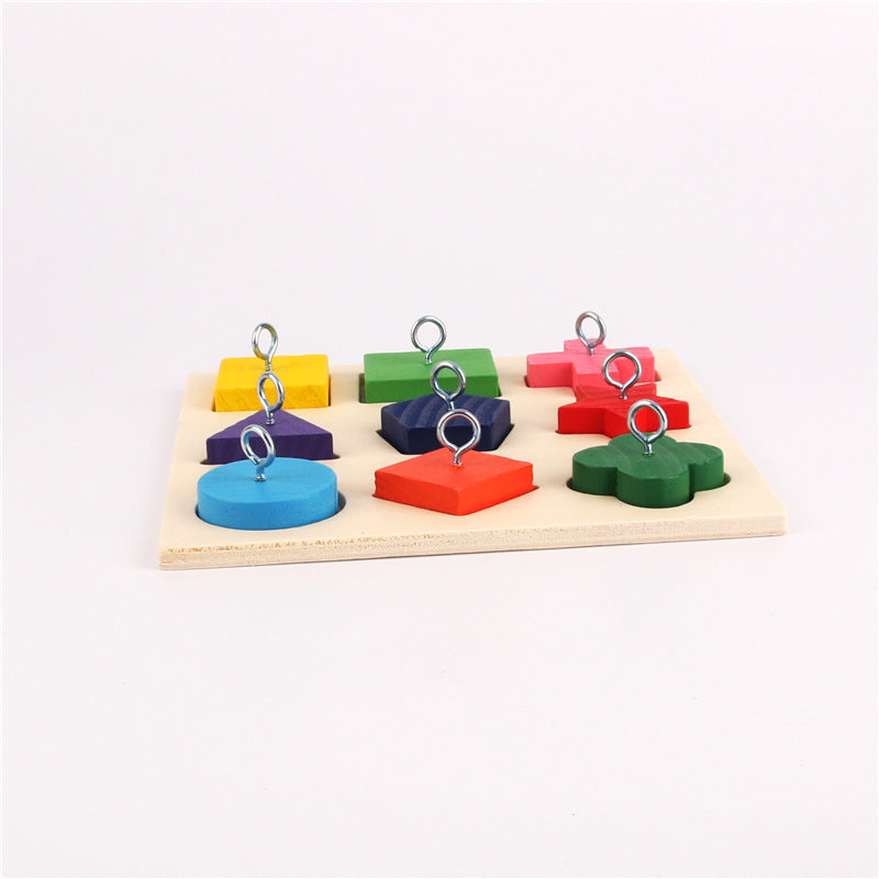 Parrot Training Toy – 9 Color Wooden Blocks on Sorting Platter for Bird Intelligence & Foraging Play
