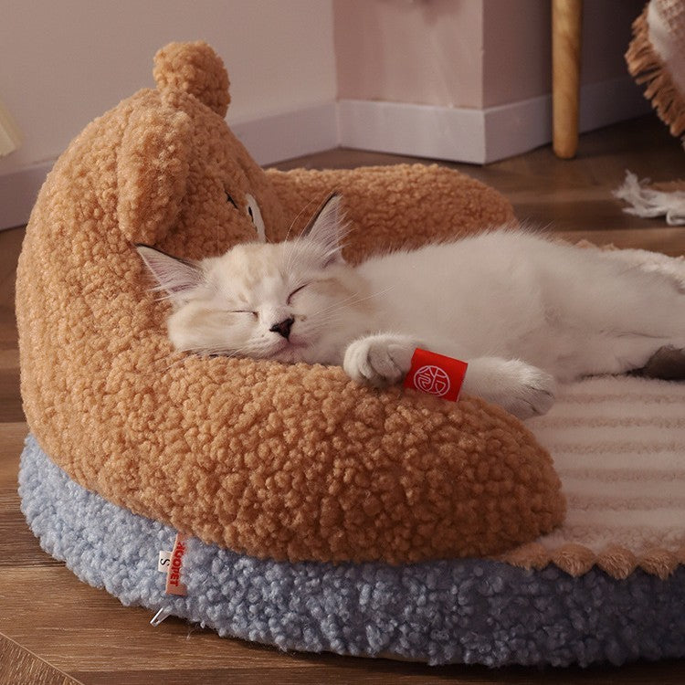 Cozy Bear-Style Pet Nest – Soft High-Back Bed for Cats & Small Dogs (Up to 33 lbs)