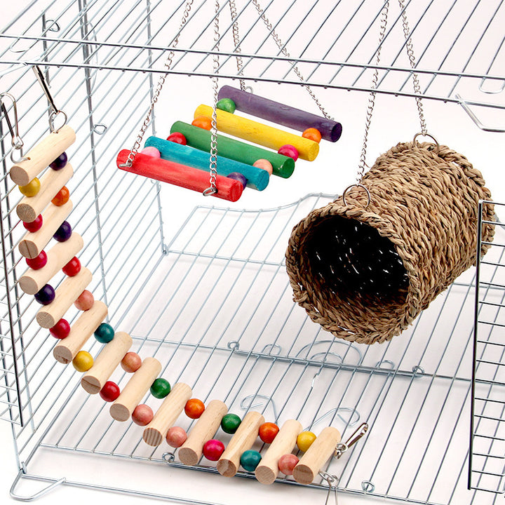 Small Animal Toy – Wooden Swing, Climbing Ladder & Cotton Grass Nest for Rats, Parrots, Hamsters & Small Pets