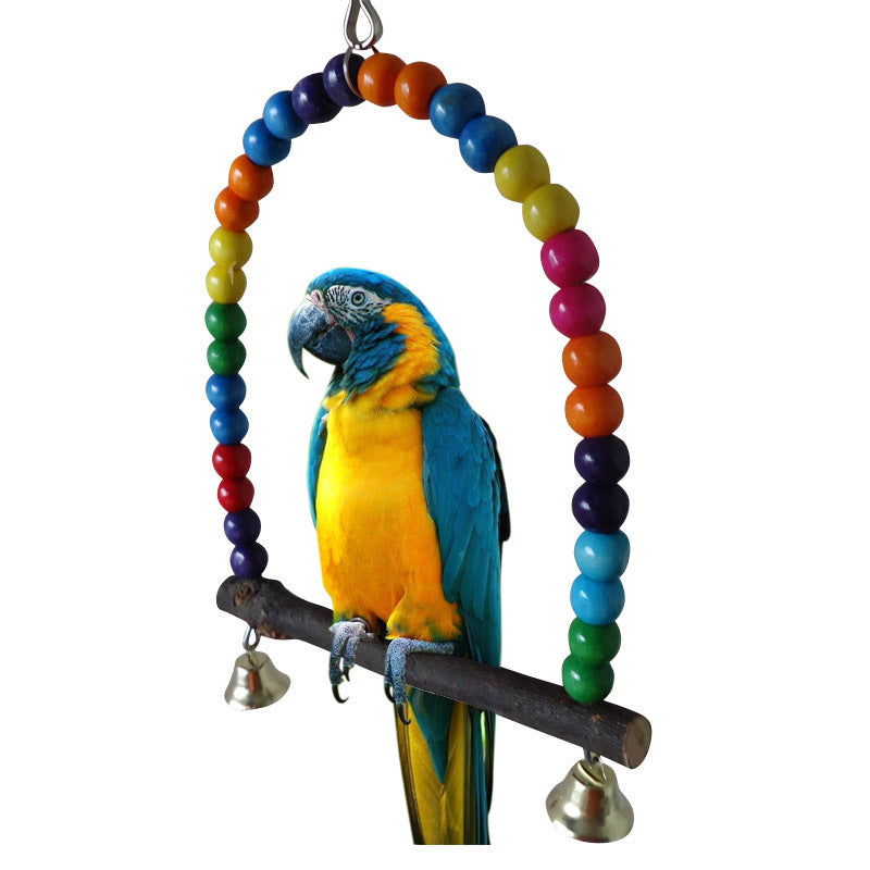 Colorful Wooden Bird Swing with Bells – Hanging Cage Toy with Beads for Parrots, Parakeets, Cockatiels, and Small Birds