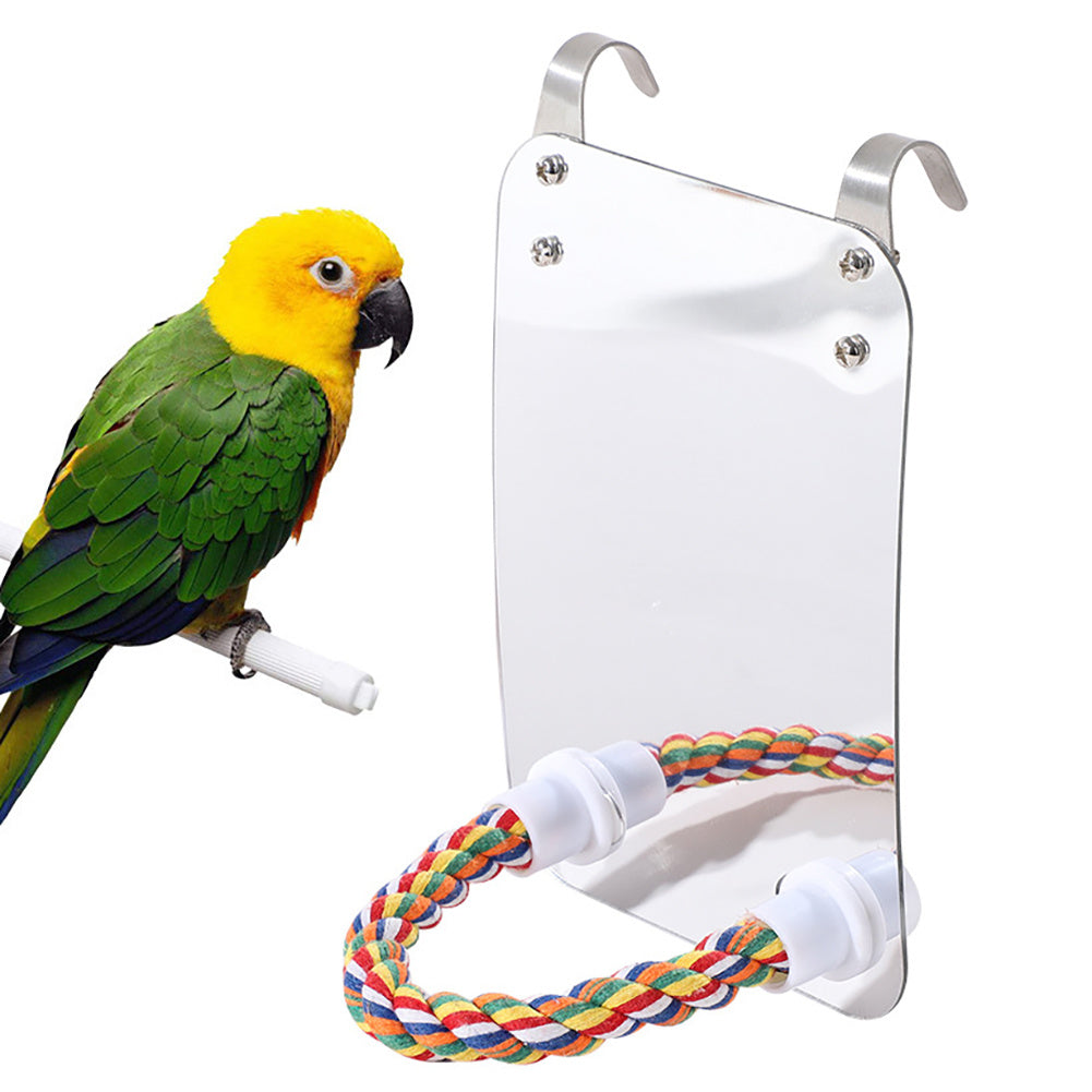 Parrot Mirror Toy with Standing Pole – Acrylic Mirror & Cotton Rope Perch for Birds
