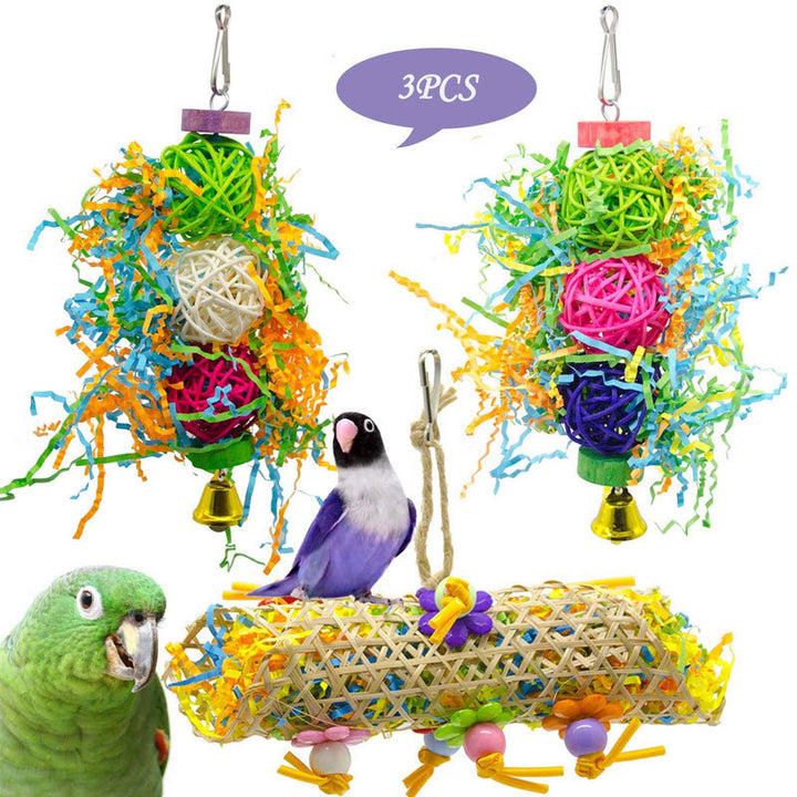 3Pcs Bird Toy Set – Colorful Swing & Chew Toys with Cotton Rope, Bamboo, Rattan Balls for Parrots & Small Birds