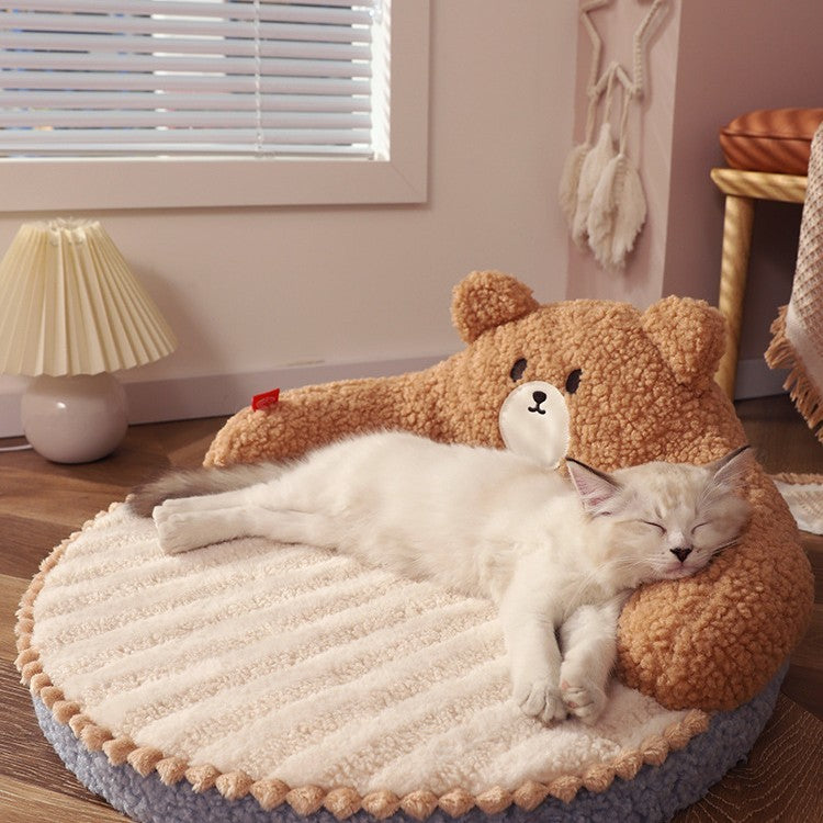 Cozy Bear-Style Pet Nest – Soft High-Back Bed for Cats & Small Dogs (Up to 33 lbs)