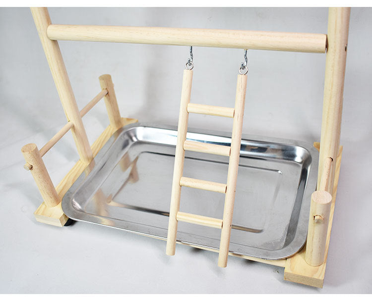 Solid Wood Double-Layer Parrot Playground Stand – Swing, Climbing Ladder & Stainless Steel Food Cups for Small to Medium Birds