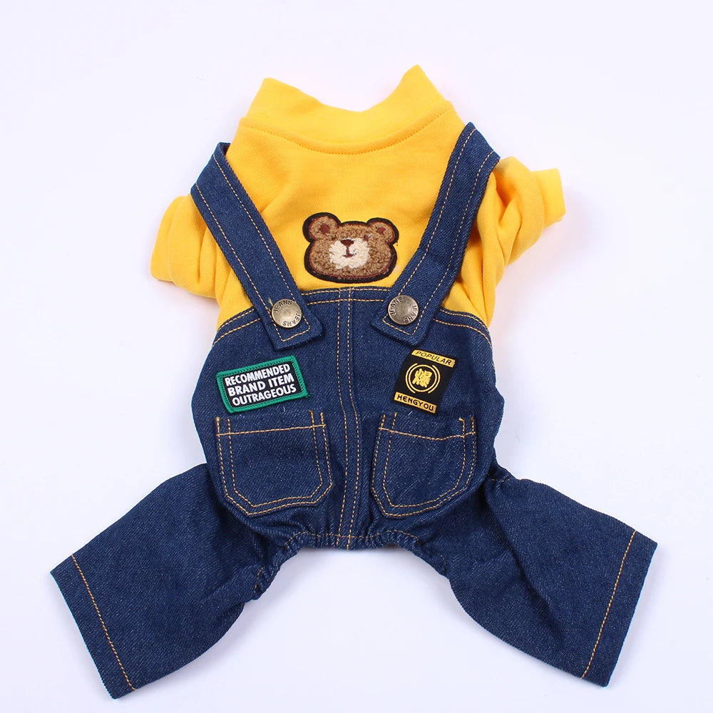 Pet Jumpsuit Romper Hoodie – Autumn/Winter Denim Jacket & Cotton T-Shirt for Dogs and Cats