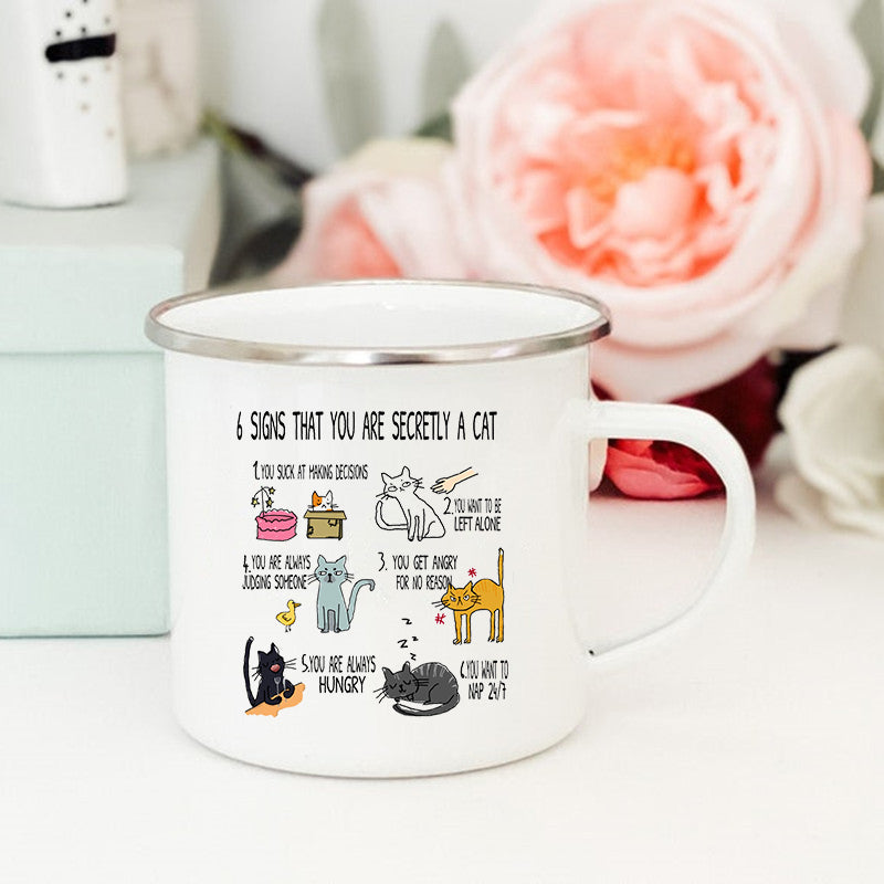 Funny Cat Print Enamel Mug – "6 Signs That You Are Secretly A Cat" Coffee Cup | Cat Lover Gift | Creative Drinkware