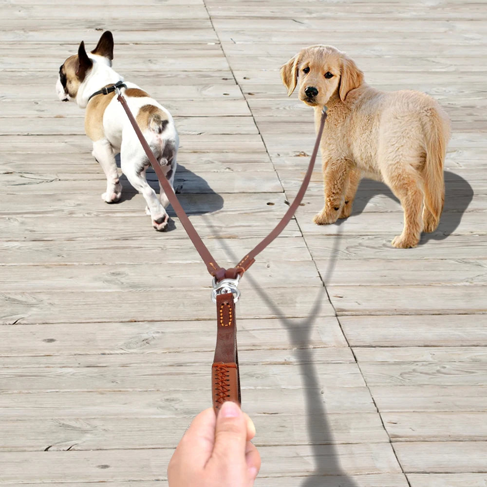 2-Way Leather Dog Leash Coupler – Dual No-Tangle Split Leash with Brass-Plated Hardware (Brown)
