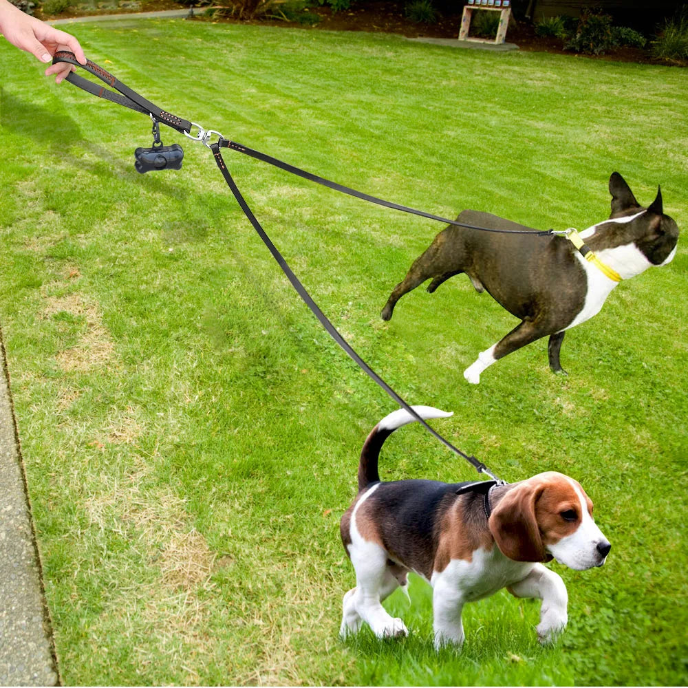 2-Way Leather Dog Leash Coupler – Dual No-Tangle Split Leash with Brass-Plated Hardware (Brown)