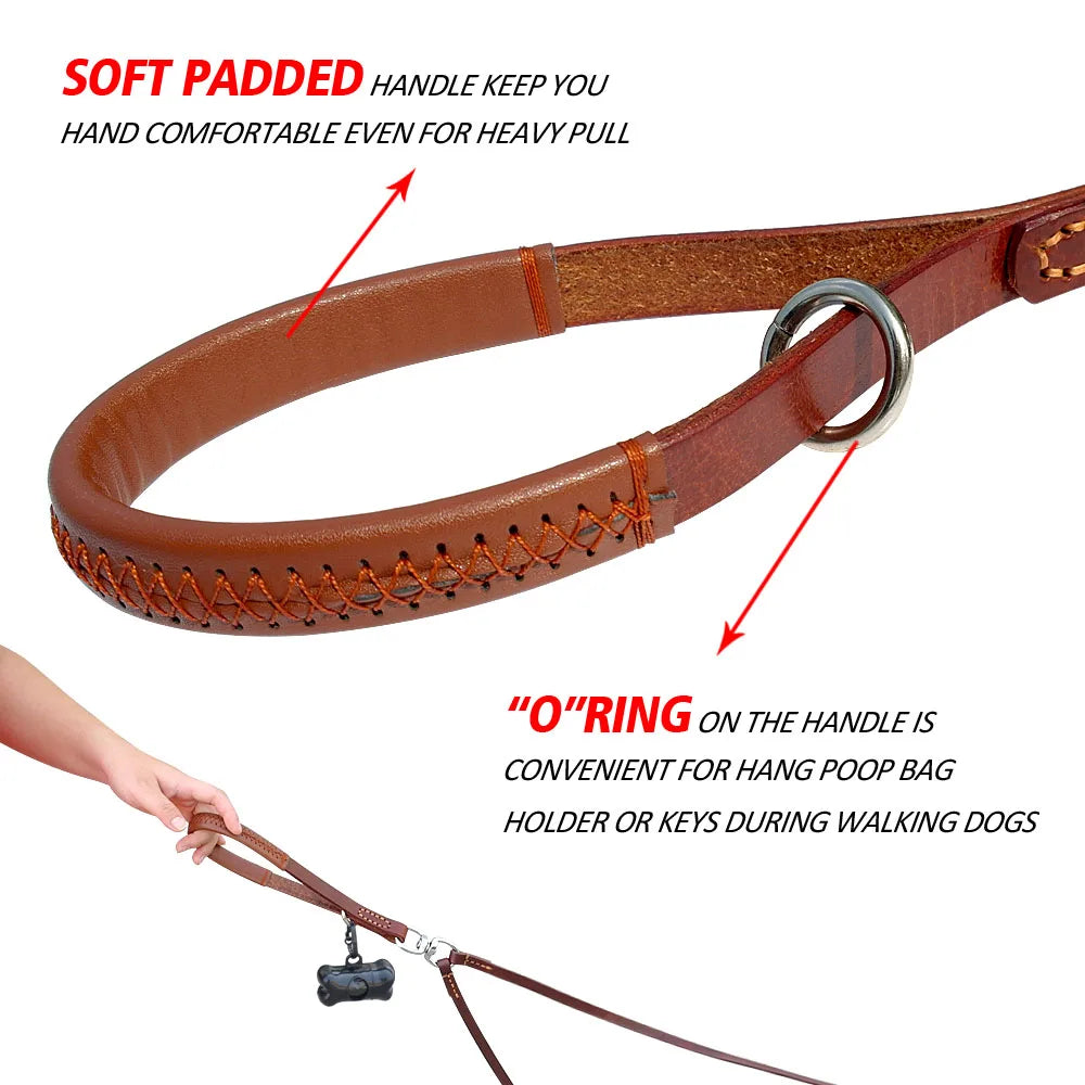 2-Way Leather Dog Leash Coupler – Dual No-Tangle Split Leash with Brass-Plated Hardware (Brown)