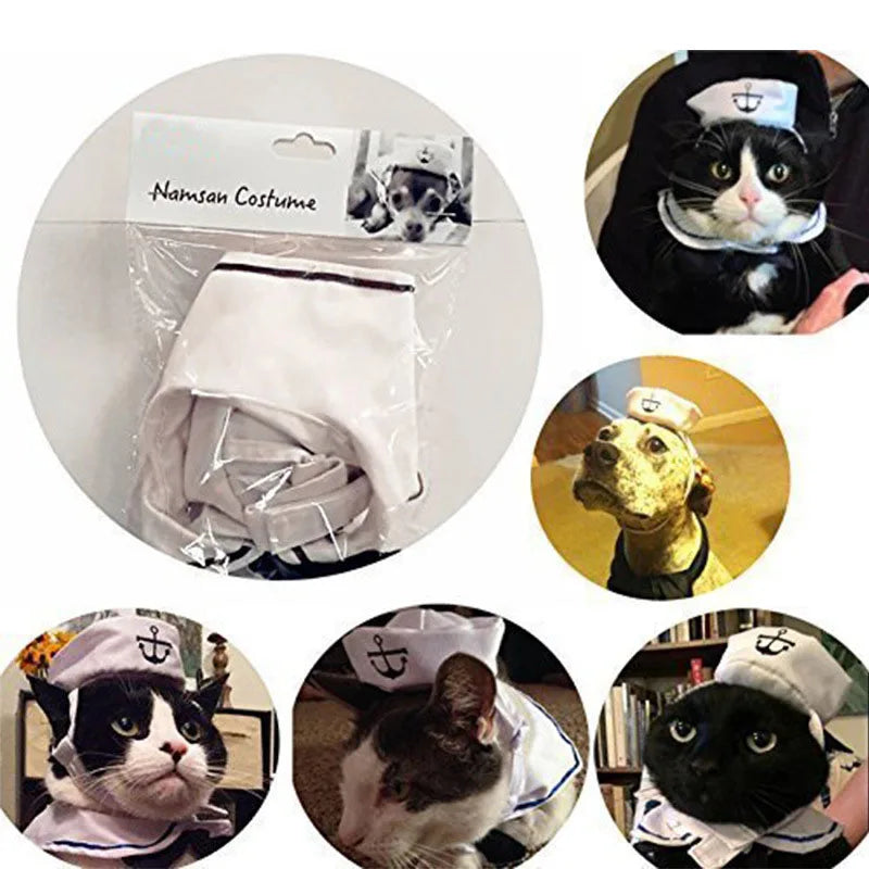 Funny Pet Navy Sailor Costume – Cat & Small Dog Halloween Cosplay Outfit with Adjustable Hat & Cloak